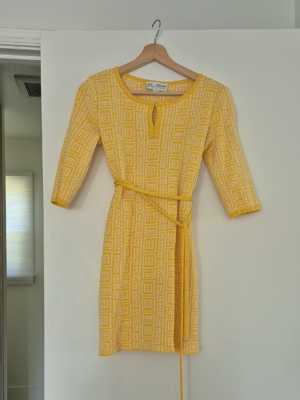 St. John Yellow Patterned Knit Belted Dress
